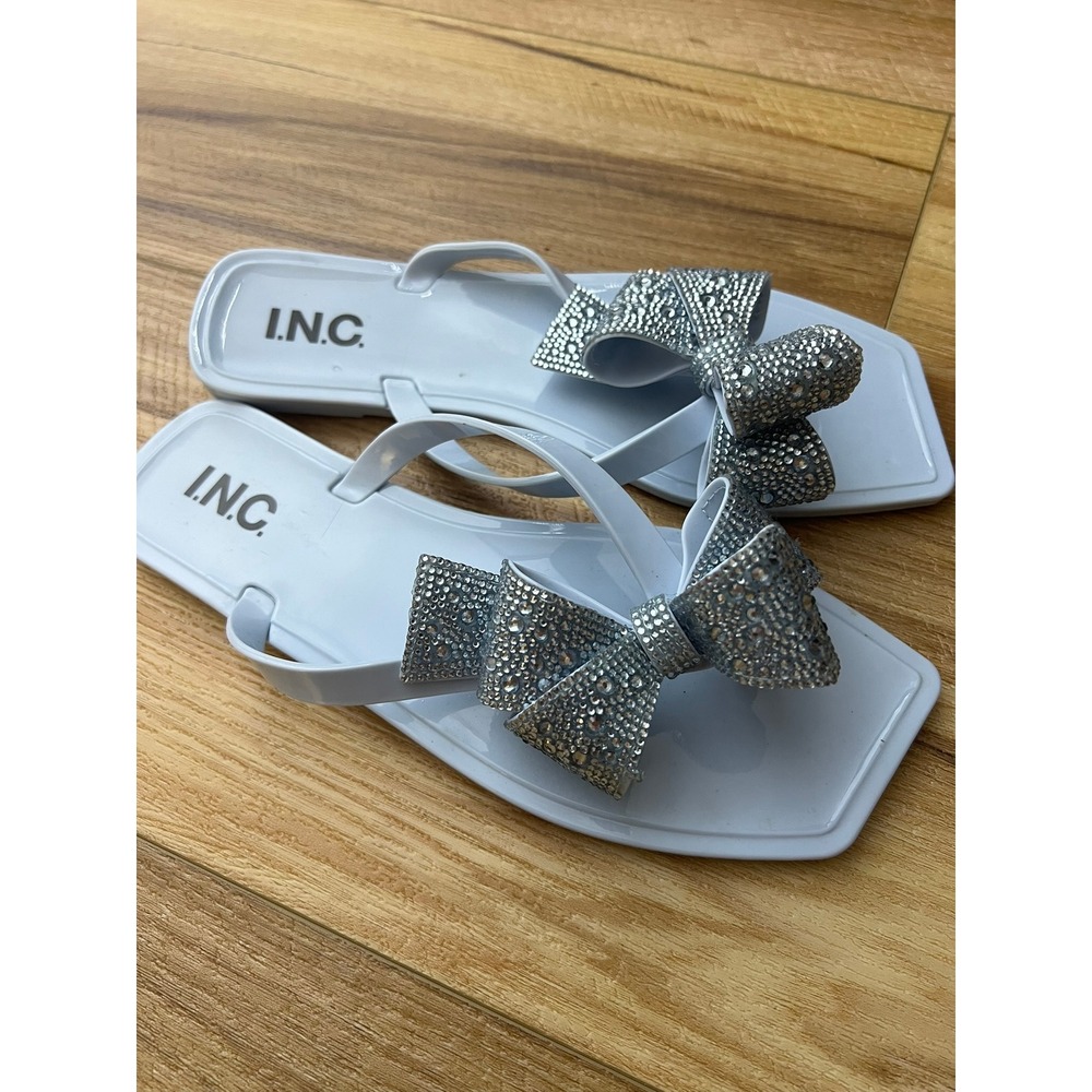 INC Rhinestone Bow Jelly Sandals Square Toe Blue SZ 7 Vacation Summer Beach Glam